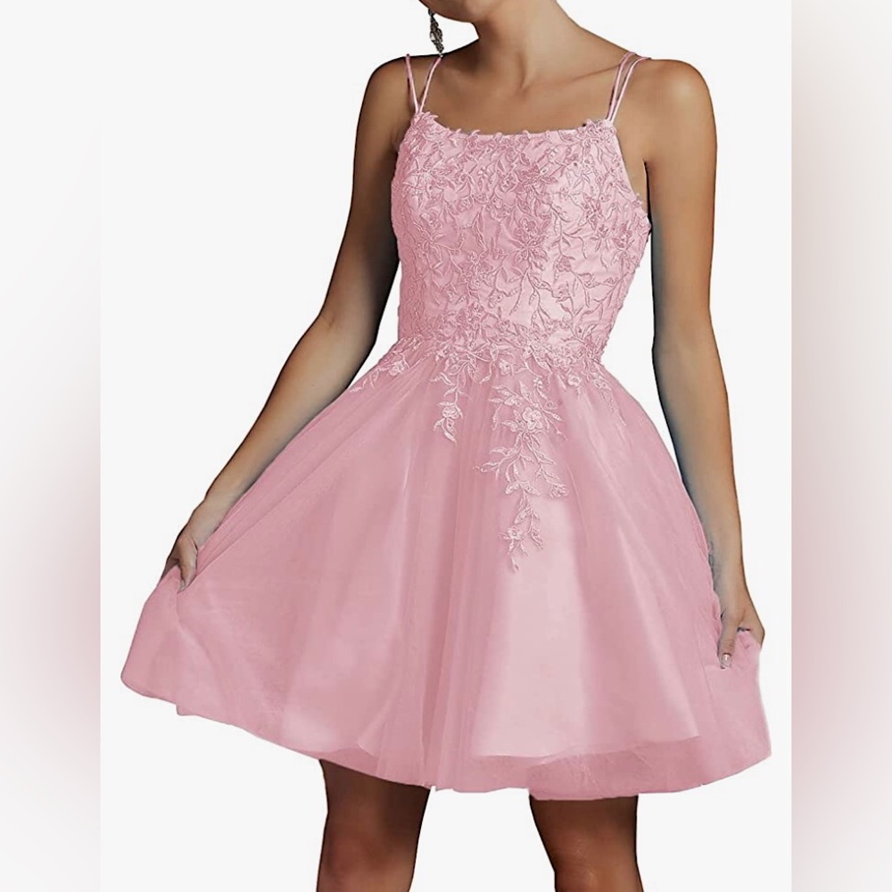 Vivymaku Light Pink Modest Lace Beaded Tulle Party Dress